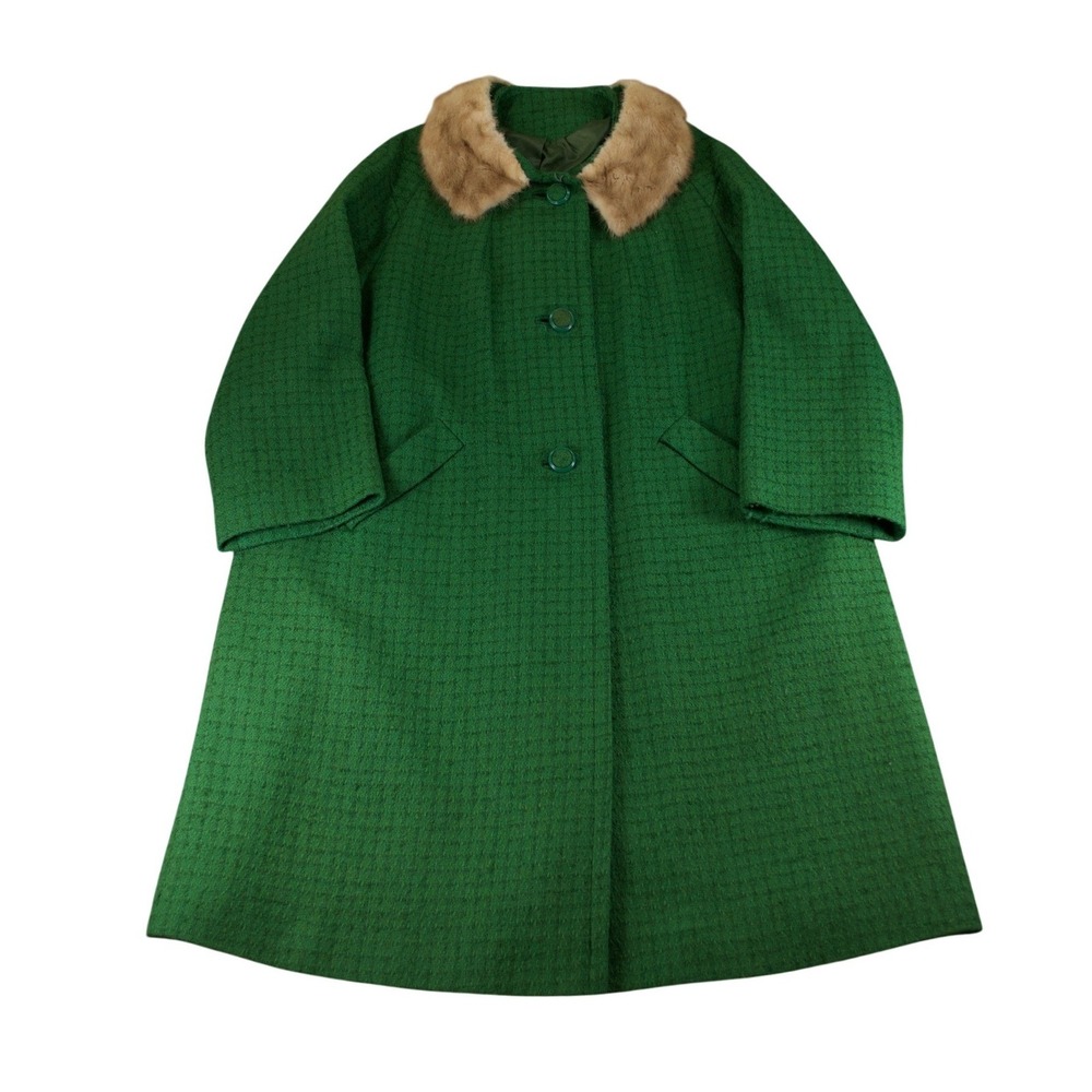 Vintage 1960s Green Wool Swing Coat Real Fur Collar Unbranded Size XL XXL